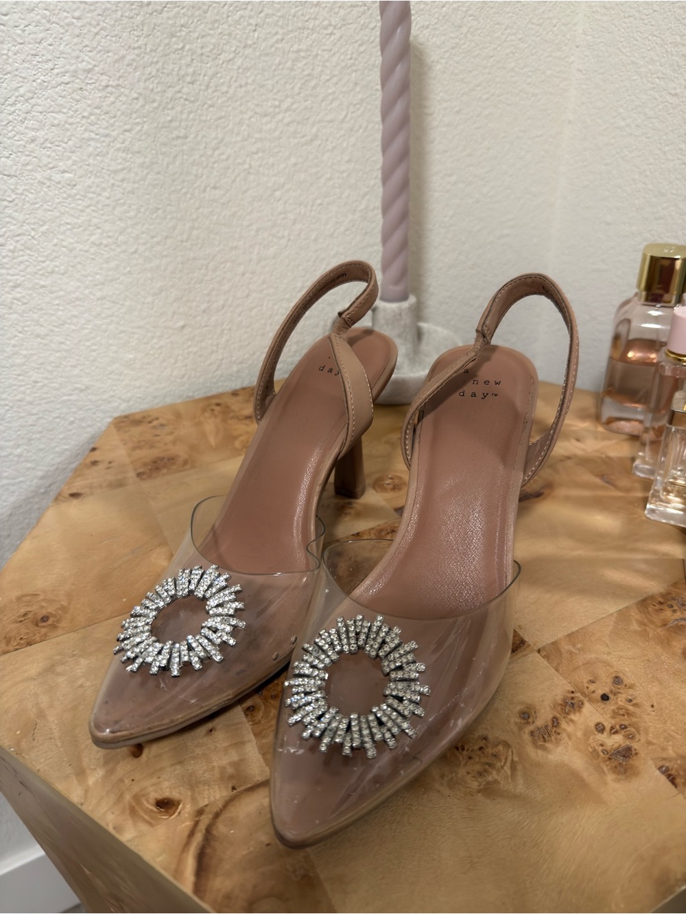 a new day Nude Clear Slingback Heels with Crystal Medallion
